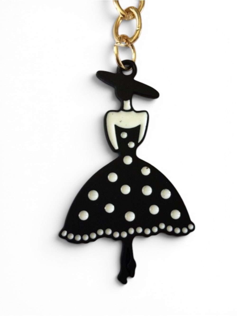 Fashion‑Girl Enamel Bag Charm / Keychain – Chic Black, Gold & Pearl Details - Picture 6 of 10